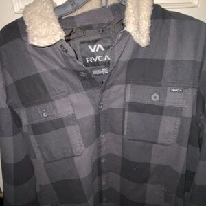 RVCA Black & Gray Plaid Sherpa Collar Shirt Jacket